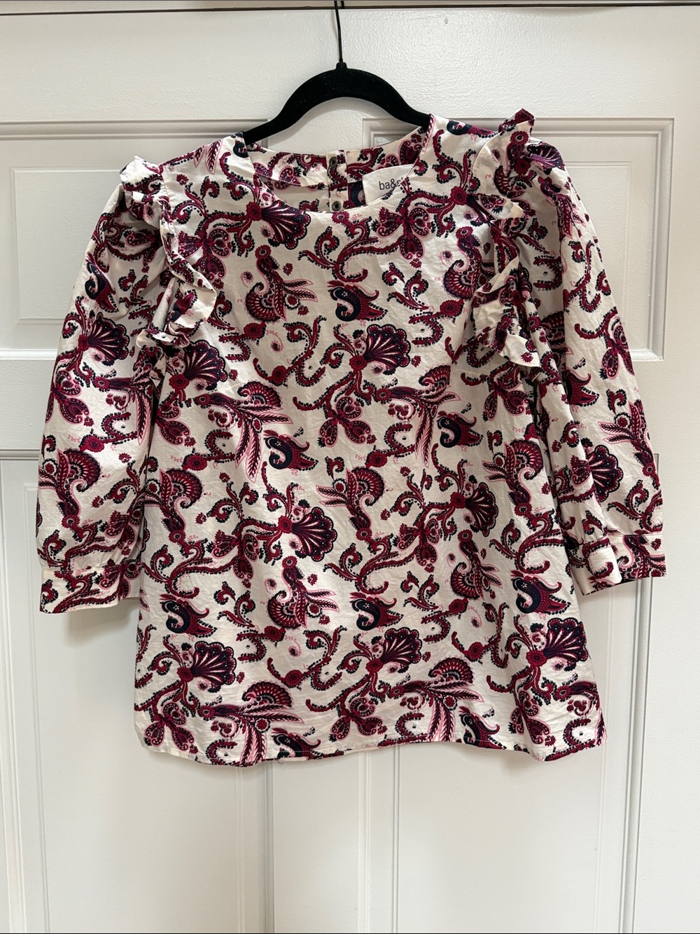ba&sh Cream Top with Burgundy and Navy Paisley Print and Ruffle Shoulders